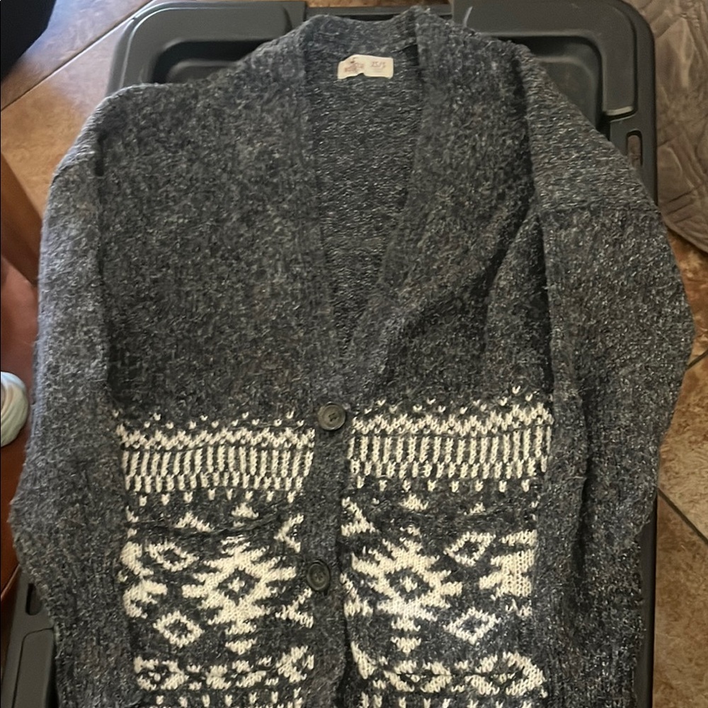 Hollister Gray and White Men's Cardigan Sweater